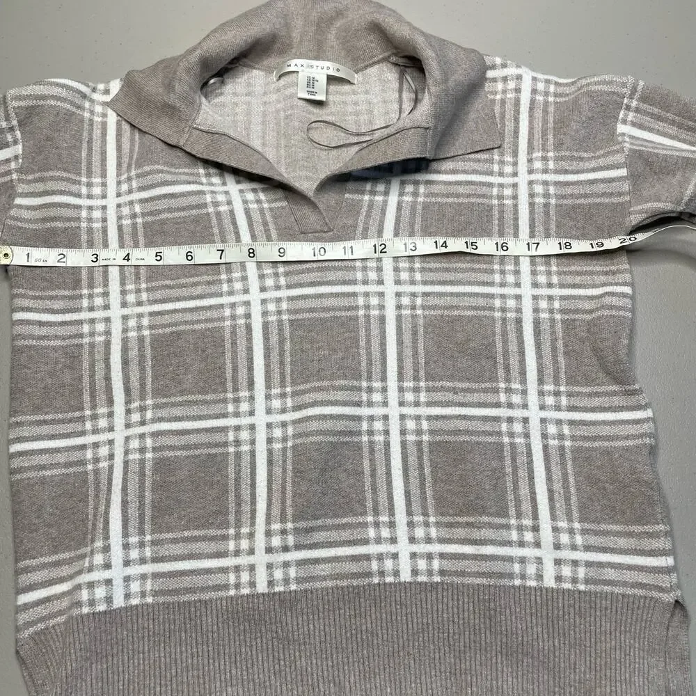 Max Studio Plaid Sweater Knitted Collared Pullover Long Sleeve Brown White M‎